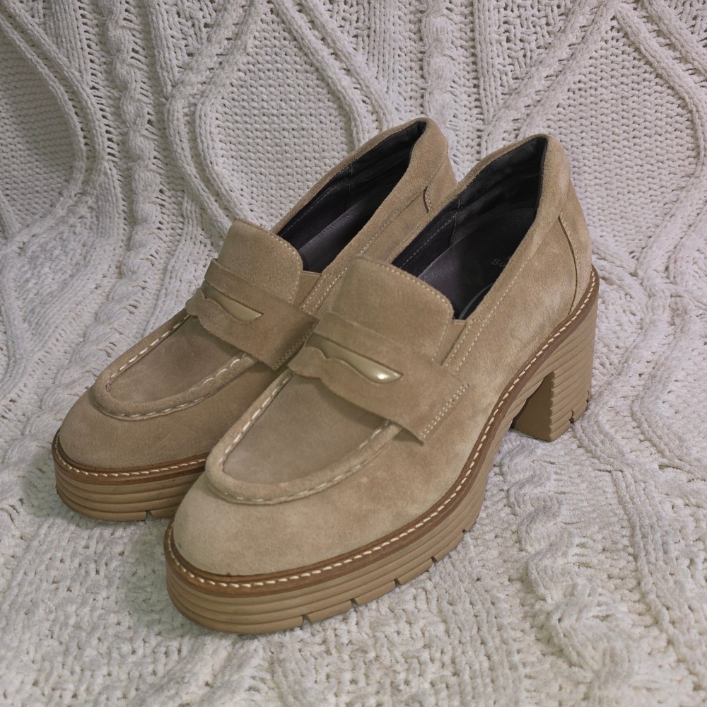 Softwaves Suede Platform Penny Loafers Tan Heeled Lug Sole Womens 39 Excellent